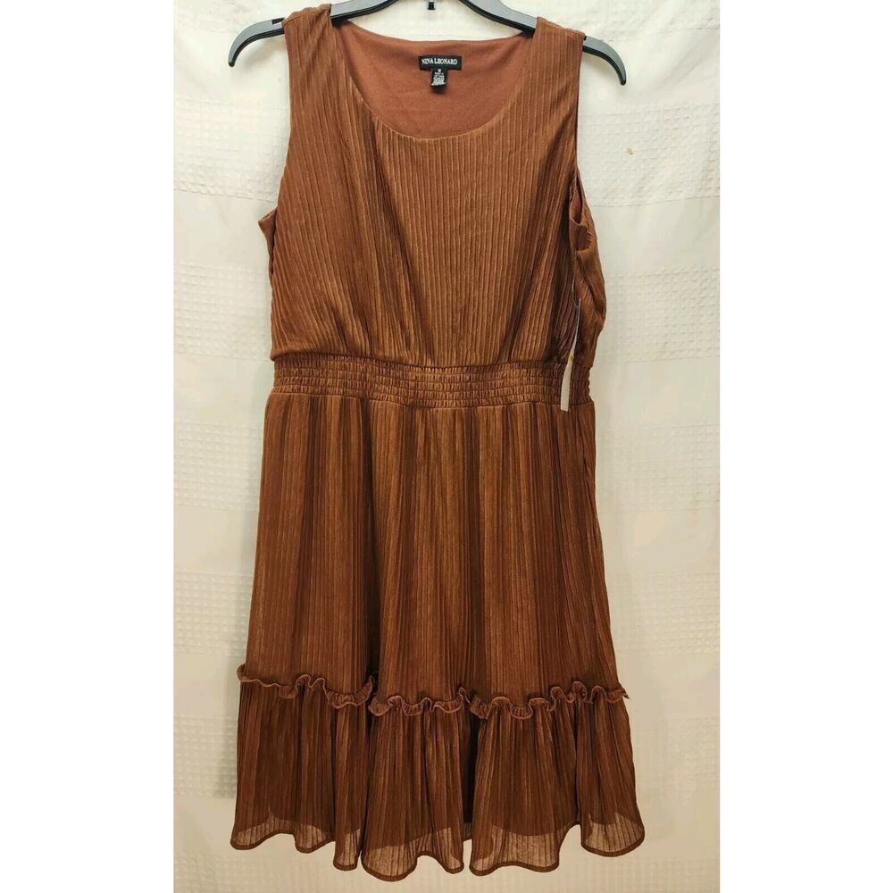 Nina Leonard Dress Size Medium Brown layered Short Ruffle Semi Sheer Layered